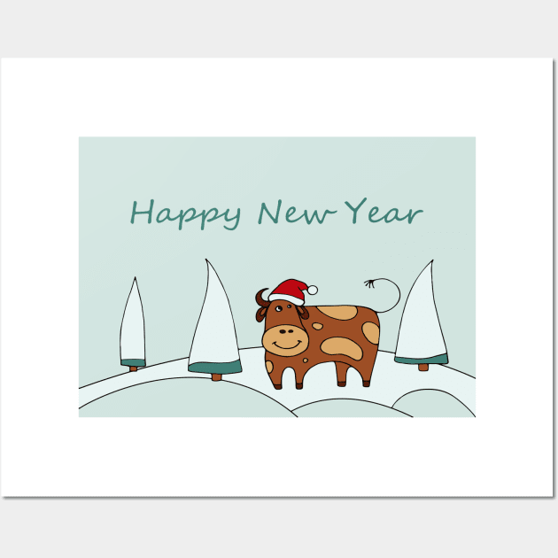 Happy New Year greeting card. Print Gift. Funny Christmas Exclusive present. Zodiac bull christmas. Symbol of the new year 2021. Wall Art by SwetlanaArt